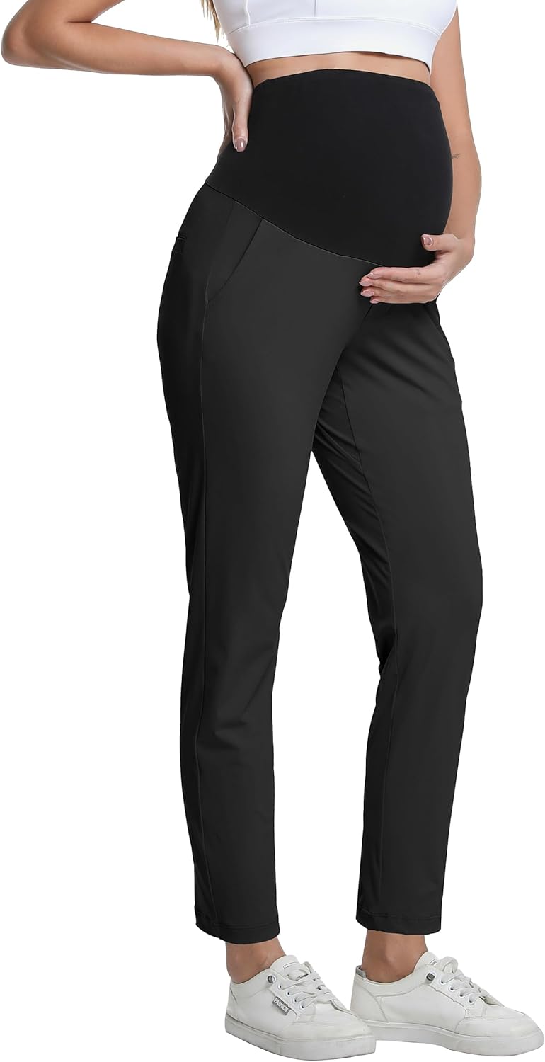V VOCNI Maternity Pants Quick Dry Stretch Pockets Golf Dressy Work Business Casual Pregnancy Scrub Pants Black Large - Image 4